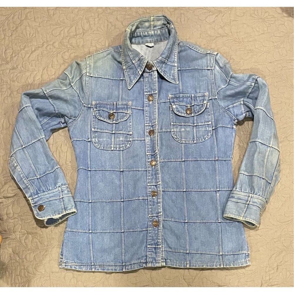 Vintage 1970s Patchwork Denim Cotton Button Up Shirt Lapels 9/10